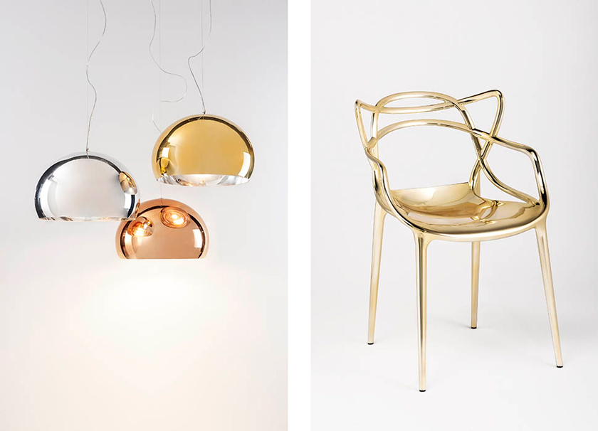  Kartell Precious isaloni 2014 diseño silla lámparas plástico cromado dorado plateado cobre lujo elegante