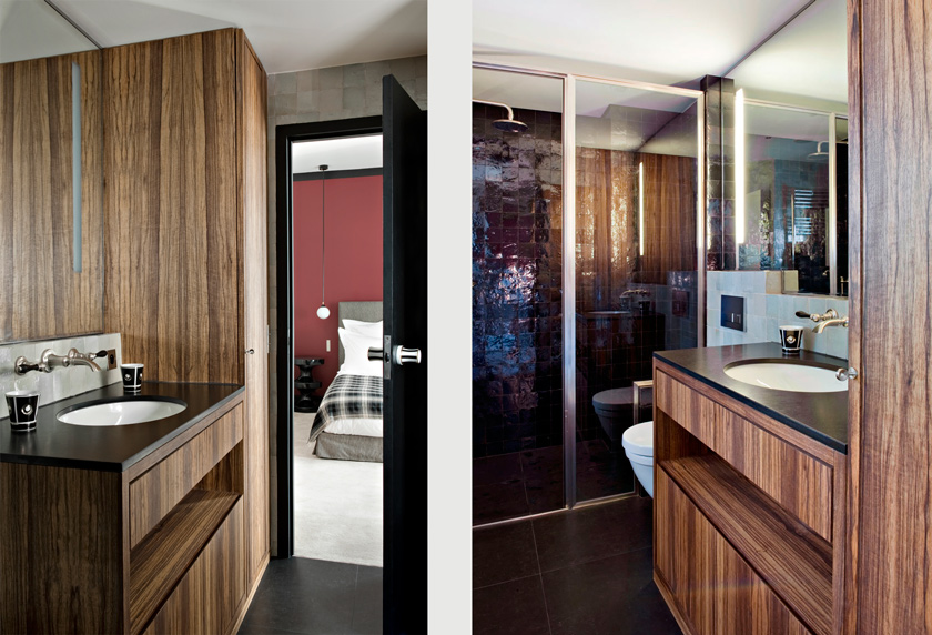 baño habitación de invitados con Mosaic del sur y piezas de baño de Volvevatch modelo Carp muebles de madera baldosas negras ducha