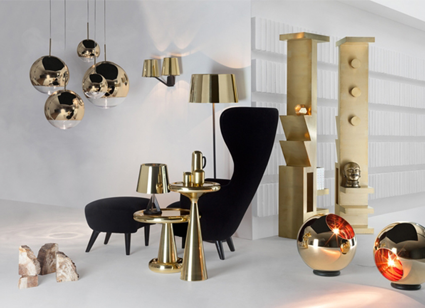 Tom Dixon isaloni 2014 colección Club Gentelman's club brillante dorado diseño mobiliario luces sillas mesas lujo