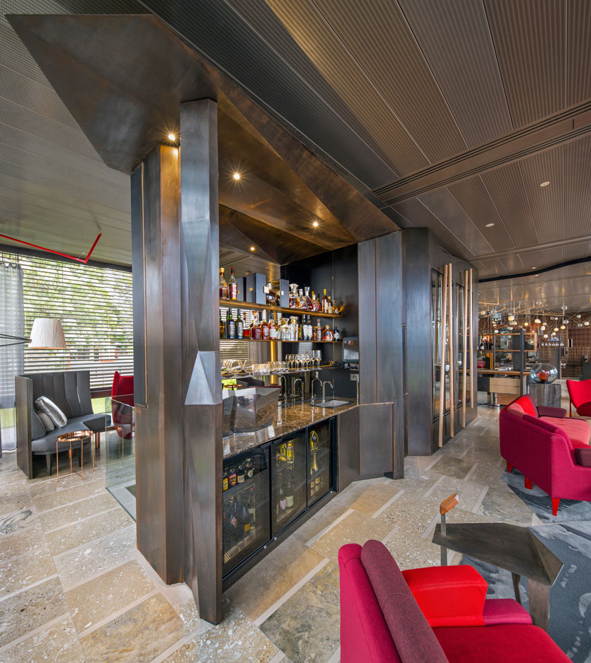 barra de bar mueble bar blackwood diseño geométrico elegante rojo y marrón cálido